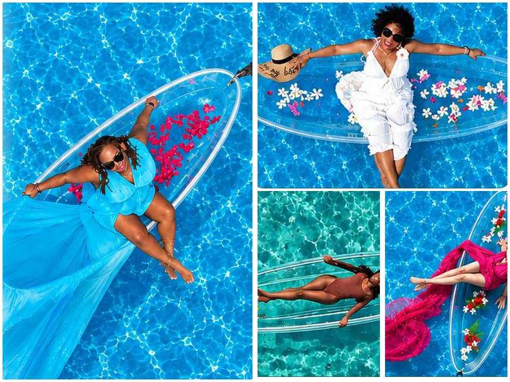 Clear kayak photoshoot on Diani beach: aerial drone photos of guests in a transparent kayak