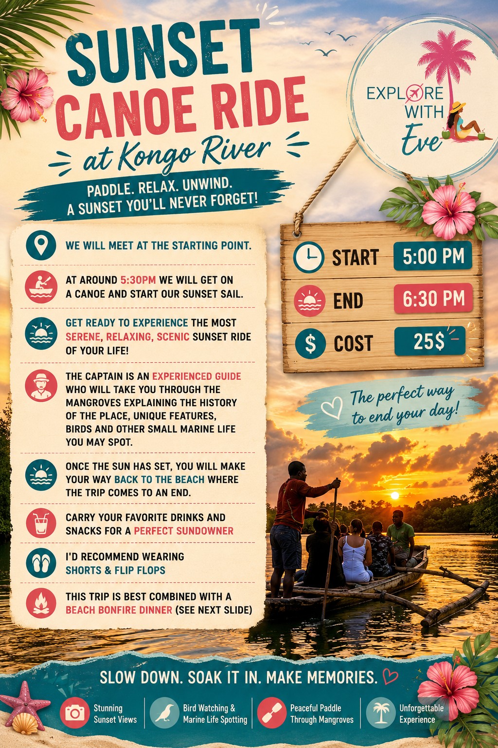 Sunset canoe ride at Kongo River in Diani, Kenya